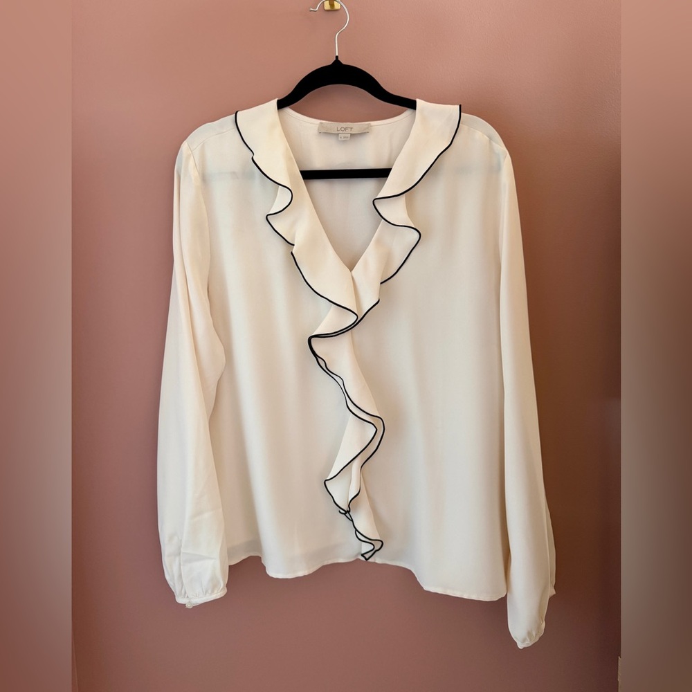 LOFT Cream Blouse with Black Trim Ruffles
